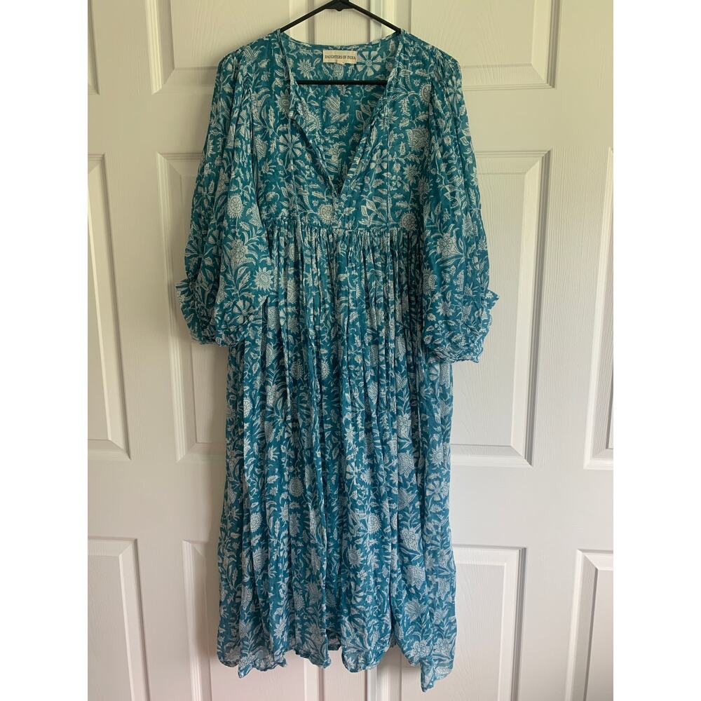 Daughters of India Kyra 100% Cotton Floral Midi Dress Ocean Blue Size Large - Picture 5 of 8